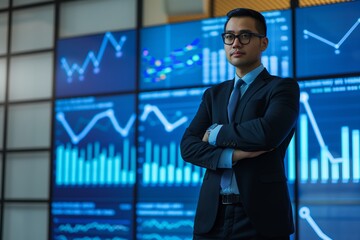 Wall Mural - A professional businessman presents stock exchange data and graphs in an office setting.