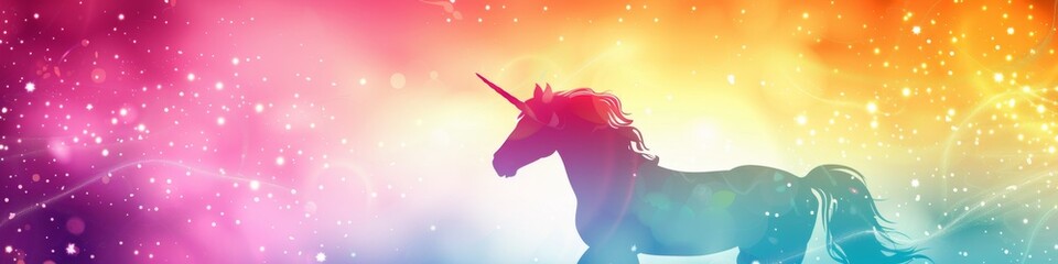 Wall Mural - Enchanting Rainbow Background with Unicorn Silhouette, Stars, and Glittering Particles. Dreamy Concept of Magic, Miracles, Princess, Childhood, Fairy Tale Creatures, Pride Month, LGBTQ+ Inclusivity, F