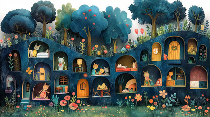 Wall Mural - A vibrant and detailed illustration of an intricately designed dollhouse filled with various rooms, each featuring different cute animals engaged in activities like reading books or playing games.