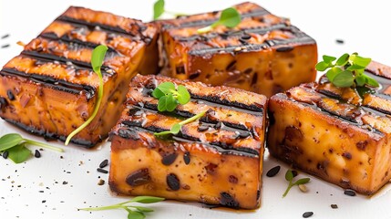 Wall Mural - Delicious Grilled Marinated Tofu Slices on a Plate Close-Up for Vegan Cuisine Concept Stock Photo