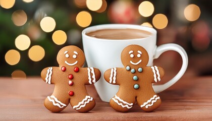 Wall Mural - gingerbread mans near a cup of cocoa against the christmas background