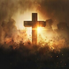 Wall Mural - Illustration of a battlefield cross with a soft glow emanating from the background.