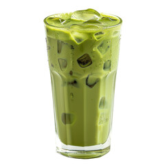 Refreshing cold iced matcha latte in a tall glass, perfect for a summer day. Vibrant green tea color with ice cubes floating.