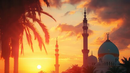 Wall Mural - Ramadan kareem eid mubarak mosque in evening with sun light background