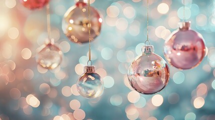 Wall Mural - Christmas pink pearlescent balls hanging on a bokeh background. Happy New Year greeting card. New Year concept