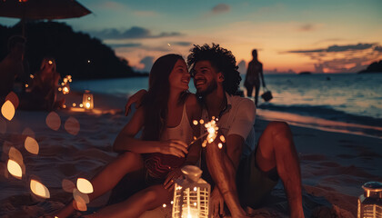 Wall Mural - A group of people are sitting on the beach at night, holding cups and laughing