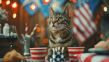 Wall Mural - A cat wearing an American flag hat is looking at the camera