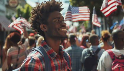 Poster - A man with a smile on his face is holding an American flag