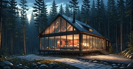 Wall Mural - house in the forest at night. modern cabin lodge home building glass exterior in nature woods. interior decor design landscape.