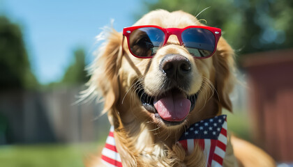 Wall Mural - A dog wearing sunglasses and a red bandana with the American flag on it