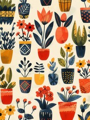 Poster - A cheerful illustration of potted plants in various colors and patterns, perfect for home decor, garden centers, or textile designs. Generative AI