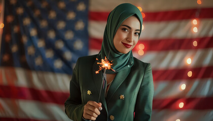 Wall Mural - A woman is holding a sparkler in front of an American flag