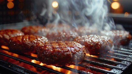 Wall Mural - This close-up image of beef patties grilling showcases the detailed grill marks and rising smoke, bringing out the allure of freshly cooked, juicy hamburger meat on an outdoor grill.