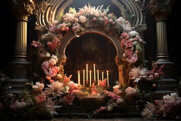 Wall Mural - The interior of a church decorated with flowers and candles. 3d rendering