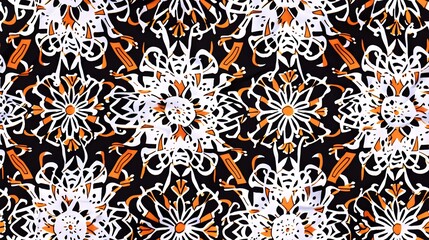 Poster - Striking pattern in orange and white against a black backdrop, reminiscent of a fractal muqarnas, combining art deco influences with a repeating fabric pattern for a captivating visual effect