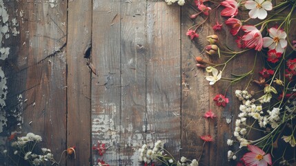 Wall Mural - Floral arrangement on aged wooden surface with retro filter backdrop and empty area