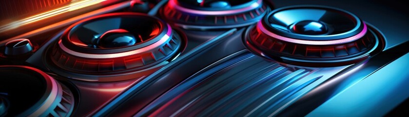 A sleek, modern 3D rendering of a car audio system, with clean lines, vibrant colors, and powerful, visually impactful speaker design Banner for premium vehicle audio