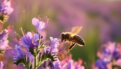 Wall Mural - a honeybee in flight preparing to pollinate a vibrant purple flower in a field of blooming flora capturing the essence of natures beauty and the crucial role of pollinators