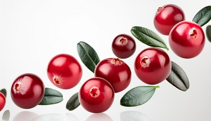 Sticker - falling cranberry berries with leaves on a white isolated background