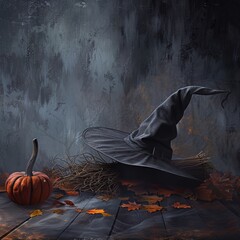 Wall Mural - Halloween Witch Hat and Broom Digital Background