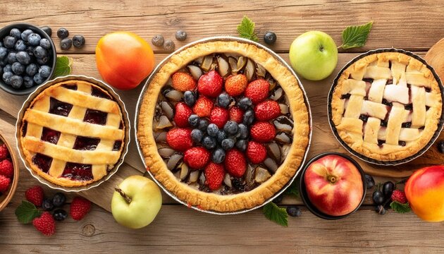 baking scene with a variety of homemade fruit pies top view over a wood banner background