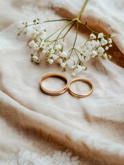 two wedding rings with white flowers on linen cloth, weddings decoration, card