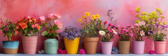 Poster - A colorful display of potted flowers in various styles and colors against a vibrant pink and purple wall. Generative AI