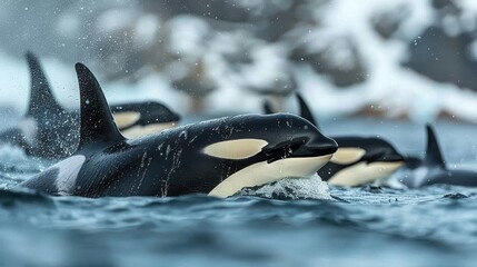 Pod of orcas swimming in icy Arctic waters, stark contrast between their black and white patterns and the blue sea