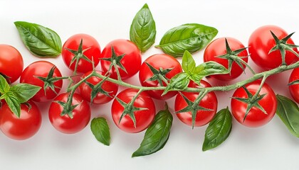 Sticker - cherry tomatoes and basil leaves on a white isolated background top view