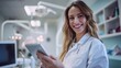 © Syahrul Zidane A - Young female caucasian dentist wearing a labcoat and smiling while using a digital tablet in her office