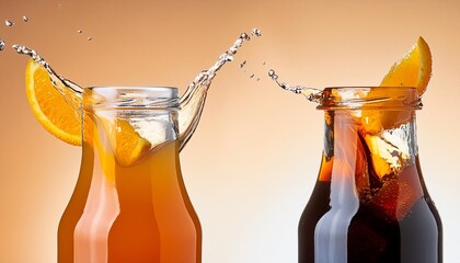 Sticker - cola and orange soda splashing out of glass bottle isolated on white background