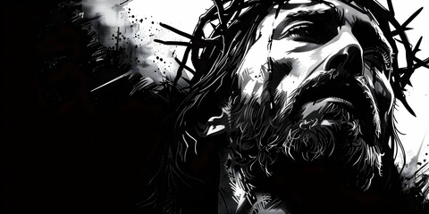 Canvas Print - Jesus Christ black and white head portrait illustration