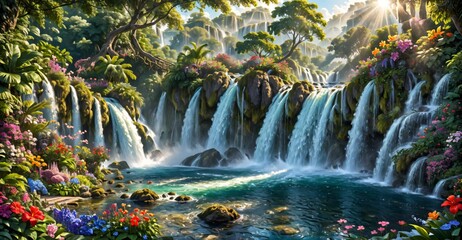 garden waterfall flowing river with flowers and tropical trees idyllic island paradise Eden landscape.