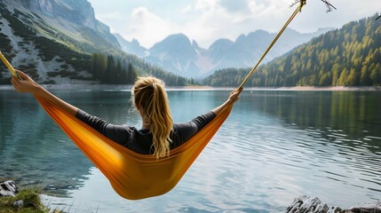 Poster - Woman Relaxing in a Hammock by a Lake with Mountains in the Background, Embracing Tranquility and Nature. Relaxation and Serenity Concept