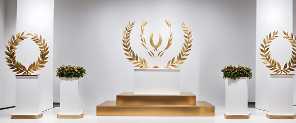  Winner award podium prize silver gold trophy win champion pedestal first stage bronze sport. Podium background winner 3d award ceremony medal platform laurel best place second third design light even