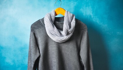 a gray sweater with a scarf on a hanger the sweater is made of a soft textured fabric and has a relaxed fit