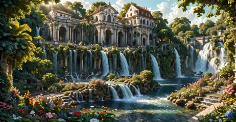 Wall Mural - A beautiful paradise building land full of flowers, rivers and waterfalls, a blooming and magical idyllic Eden garden. Mountain ancient baroque architecture.