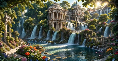 Sticker - A beautiful paradise building land full of flowers, rivers and waterfalls, a blooming and magical idyllic Eden garden. Mountain ancient baroque architecture.