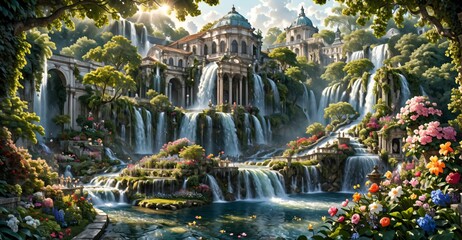 Wall Mural - A beautiful paradise building land full of flowers, rivers and waterfalls, a blooming and magical idyllic Eden garden. Mountain ancient baroque architecture.