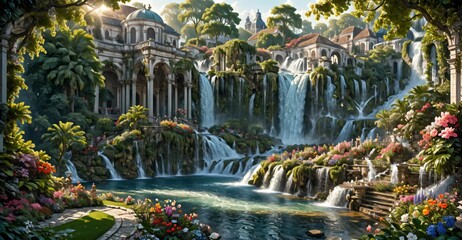 Sticker - A beautiful paradise building land full of flowers, rivers and waterfalls, a blooming and magical idyllic Eden garden. Mountain ancient baroque architecture.