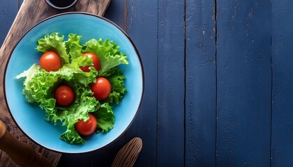 Wall Mural - healthy vegetarian salad making preparation with tomatoes on rustic background top view banner copy space