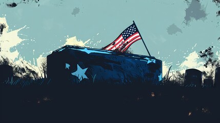 Wall Mural - Illustration of a folded American flag atop a veteran's gravestone.