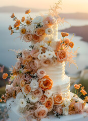 Wall Mural - Orange and white flower bouquet atop a wedding cake