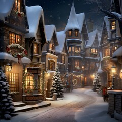 Wall Mural - Snowy night in the old town in winter. Christmas background.