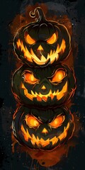 Poster - Creepy Halloween Pumpkin Faces Digital Design