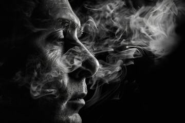 Canvas Print - A man is smoking a cigarette and the smoke is coming out of his nose