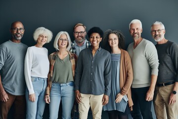 Sticker - A group of people, including some older people, are posing for a photo. Scene is cheerful and friendly, as everyone is smiling and looking at the camera. The group is diverse