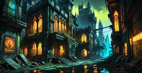 Wall Mural - gothic cyberpunk castle medieval palace on city street at night. dystopian goth architecture downtown building with cyber neon lights and urban puddle reflections.