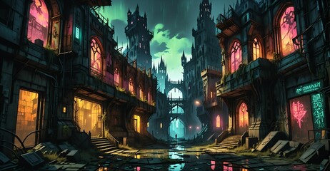 Wall Mural - gothic cyberpunk castle medieval palace on city street at night. dystopian goth architecture downtown building with cyber neon lights and urban puddle reflections.