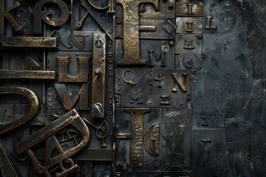 The image is a collage of old metal letters, including the letters K, F, and N